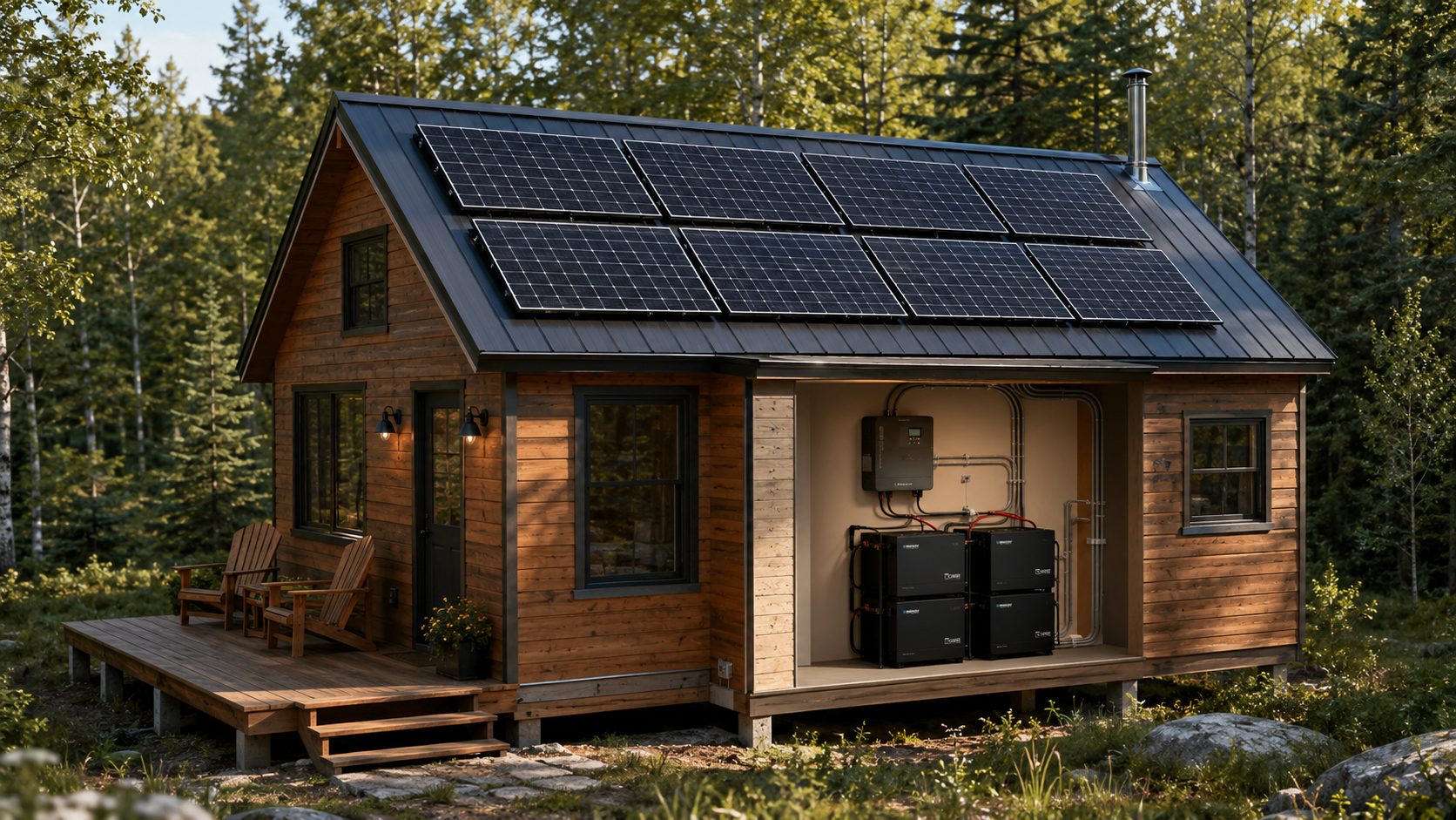 Off-grid cabin in the woods with rooftop solar panels and lithium battery bank