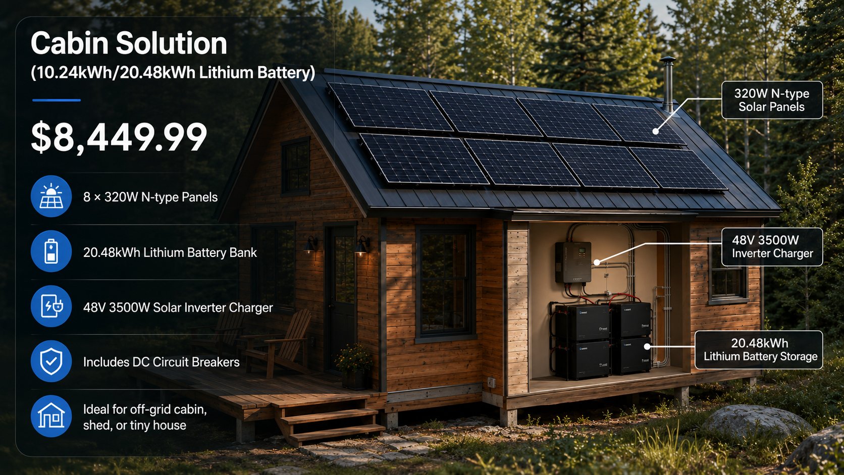 Renogy Cabin Solution specifications – 8 x 320W panels, 20.48kWh battery, 3500W inverter, $8,449.99