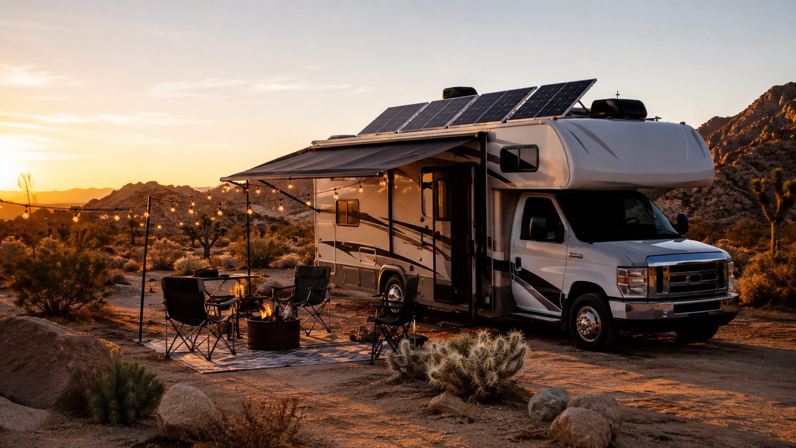 RV with solar panels at sunset desert campsite
