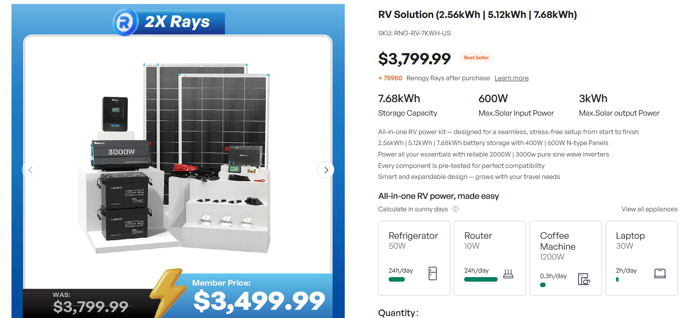 Renogy RV Solution — 600W solar panels, 7.68kWh battery storage, 3000W inverter complete kit