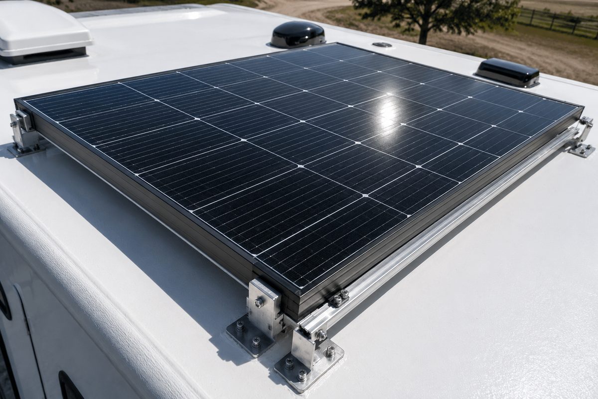 Rigid monocrystalline solar panel on RV roof