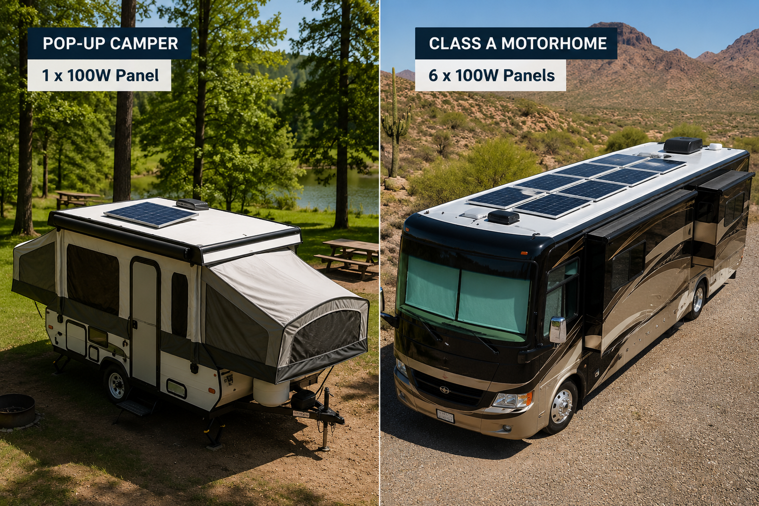 Solar sizing comparison pop-up camper vs Class A