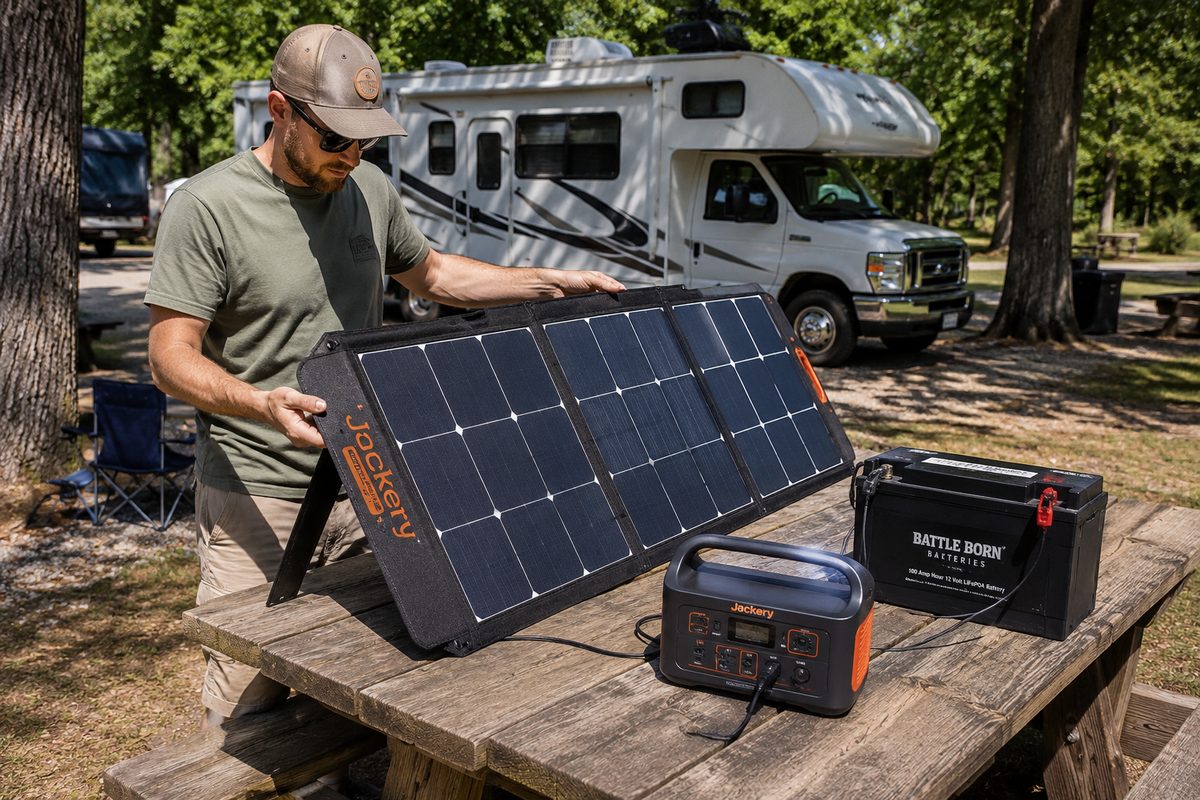 Renogy 100W starter kit at campsite